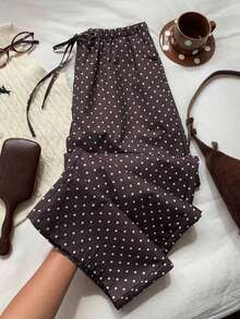 Pantalones de pierna ancha con cintura anudada y estampado de lunares para mujer - Café integral - Ver 1