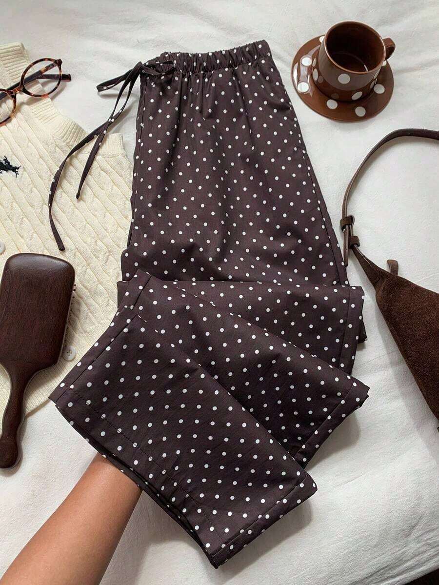 Pantalones de pierna ancha con cintura anudada y estampado de lunares para mujer - Café integral - Ver 1