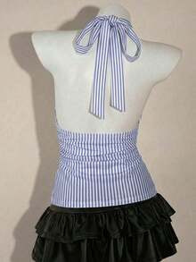 Top sin espalda de halter estilo boho marrón para salir, tipo babydoll, para primavera a verano - rayas azules - Ver 2