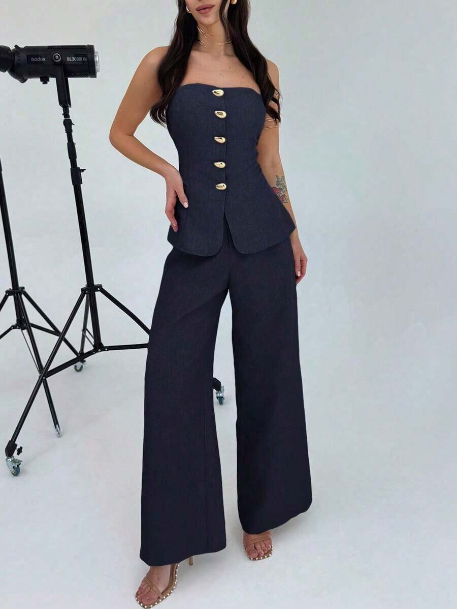 xheFirerie Conjunto de 2 piezas de top tipo tubo con botones metálicos elegantes y minimalistas, y pantalones de pierna ancha de cintura alta, apropiado para ir a la oficina, ocio, vacaciones, veranoxhe