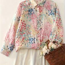 Fashion Women's Clothing Blusa de lino con estampado floral de tipo ditsy en colores de macaron, blusa suelta y ligera versátil para mujeres en primavera y vacaciones - Rosa Fucsia - Ver 2