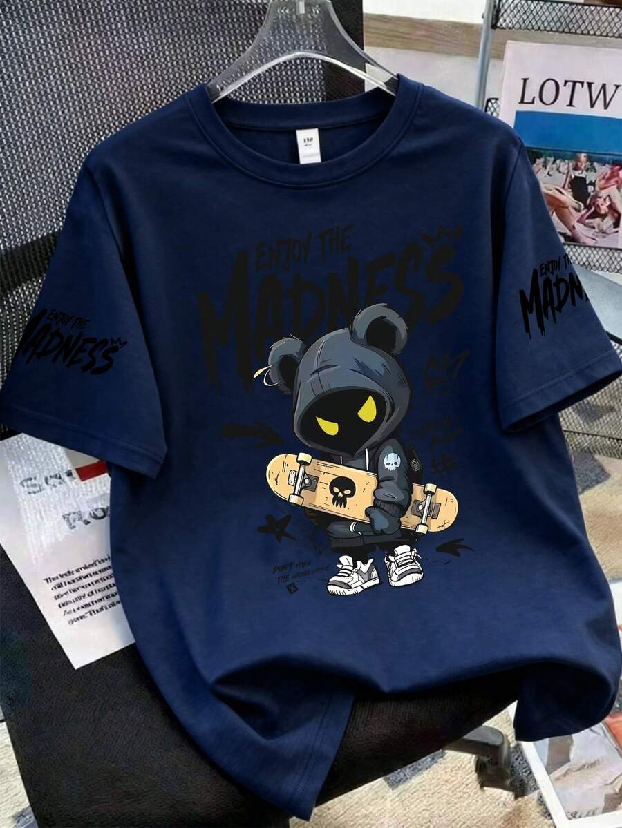 1 Peça Camiseta de Manga Curta com Estampa Gráfica de Personagem de Desenho Animado, Ajuste Solto e Casual, Gola Redonda Esportiva para Meninos Adolescentes, Presente de Verão Perfeito para Uso Escolar e Outdoor, Primavera/Verão - Azul Marinho - Visão 1