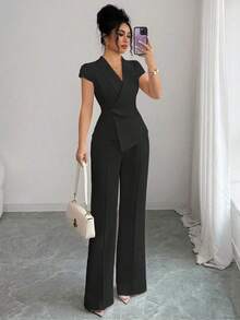 Conjunto casual y elegante de 2 piezas para mujer, con cuello cruzado asimétrico, mangas abullonadas, cintura ceñida, blusa con bajo en línea A y pantalones de cintura elástica, adecuado para ir a trabajar, vacaciones, tomar el té por la tarde, fi - Negro - Ver 3