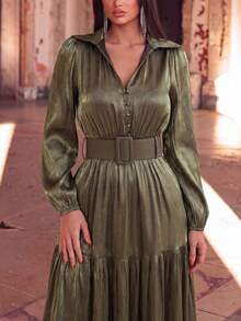Faeriesty Vestido de chifón elegante y formal para mujer con cuello, mangas largas, botones, cinturón en la cintura y dobladillo con volantes, una opción elegante para bodas y fiestas - Verde militar - Ver 3