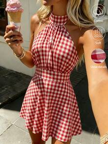 2026 Summer New Pure Cotton Red & White Plaid Sleeveless Halter Backless Bow Tie A-Line Short Dress, Pure Cotton Plaid Dress Elegant Party - Red and White - View 2