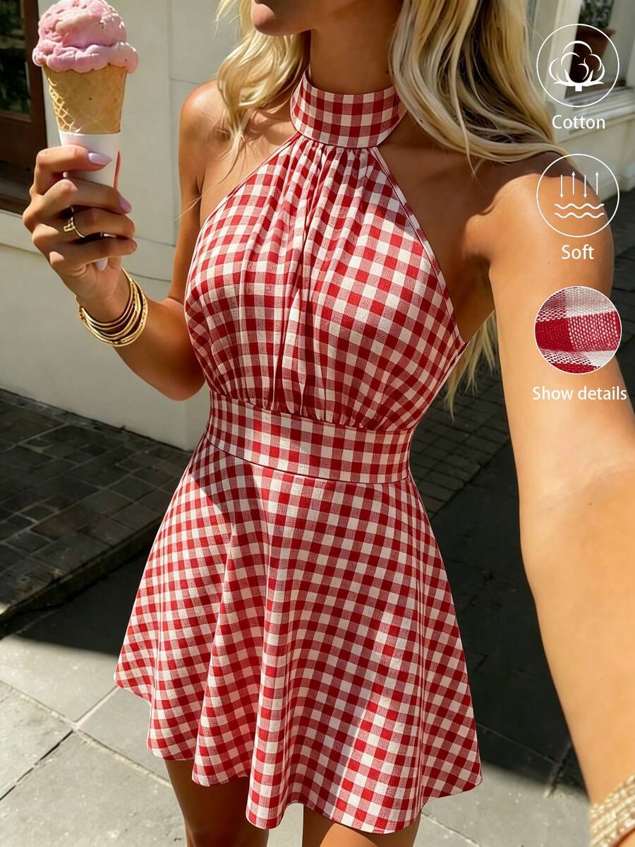 2026 Summer New Pure Cotton Red & White Plaid Sleeveless Halter Backless Bow Tie A-Line Short Dress, Pure Cotton Plaid Dress Elegant Party