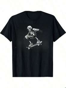 Men's Graphic Tee - Lightweight Crew Neck Tee For Skateboarding, Streetwear, And Everyday Wear - All-Season Essential Tee For Men And Teens - Easy-To-Match Basic, Skate Tee, Urban Fashion, Modern Design, Breathable Fabric, Short Sleeve Tee, Young Adult Summer Outfit, Urban Style, Comfortable Fit, Printed Tee, Teen Clothing - 黑色 - 查看 4