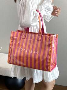 Fashionable College Style Large Capacity Tote Bag - Lightweight PVC And Kraft Paper Material, Hook And Loop Closure Design, Women's Fashion - Multicolor - View 3