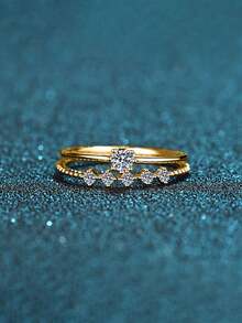 Juego de caja de regalo, juego de anillos dorados con circonita cúbica, anillo de banda retorcida + anillo de circonita de diamante individual, joyería minimalista para que las mujeres apilen - Dorado - Ver 3