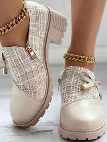 New Women's High Heels, Formal Style, Thick Plaid & Patchwork Details Design, Decorated With Bow And Chunky Heel, Creating A Retro Formal Shoes, Suitable For Parties And Holidays - Beige - View 5