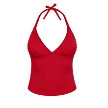 Womens Rivets Studded Halter Neck Plunge Cami Top Self-Tie Spaghetti Straps V-Neck Cut Out Front Crop Tank Top Camisole Vest Y2K Streetwear Party Tops - F216717-紅色 - 查看 8