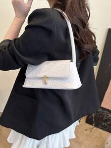 柔軟布料 PU 皮革金屬扣裝飾貝殼造型復古風女款斜挎肩背包 新款小方型手提包 - 白色 - 查看 2