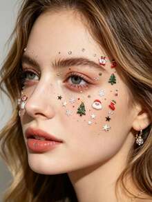 1 Set Y2K Christmas Theme Face Jewel Stickers, 3D Reindeer, Snowman, Christmas Tree Decorative Stickers With Rhinestones, Easy To Create Glowing Makeup Look, Dreamy Holiday Atmosphere, Suitable For Christmas Party, Themed Photoshoot, Holiday Date, Cute And Eye-Catching Look - Multicolor - View 2