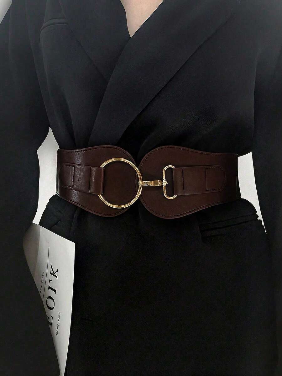 1pc Women's Coffee Color Minimalist Basic Elastic Wide Waist Belt, Suitable For Halloween Party Or Daily Outfit Matching