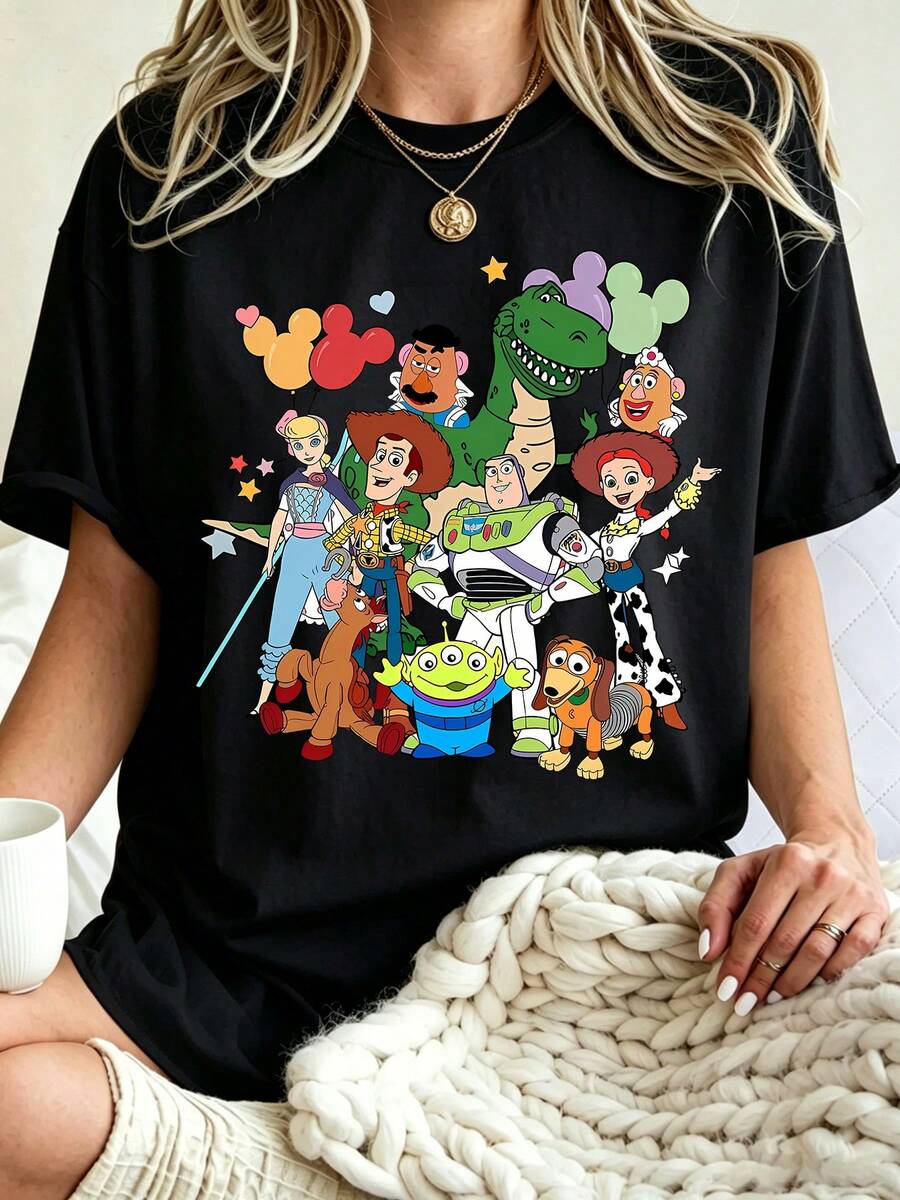 Breathable Cotton Toy Story Fan Tee | Toy Story Full Group With Mickey Balloons Print | Theme Park Disney Pullover Shirt - Black - View 1