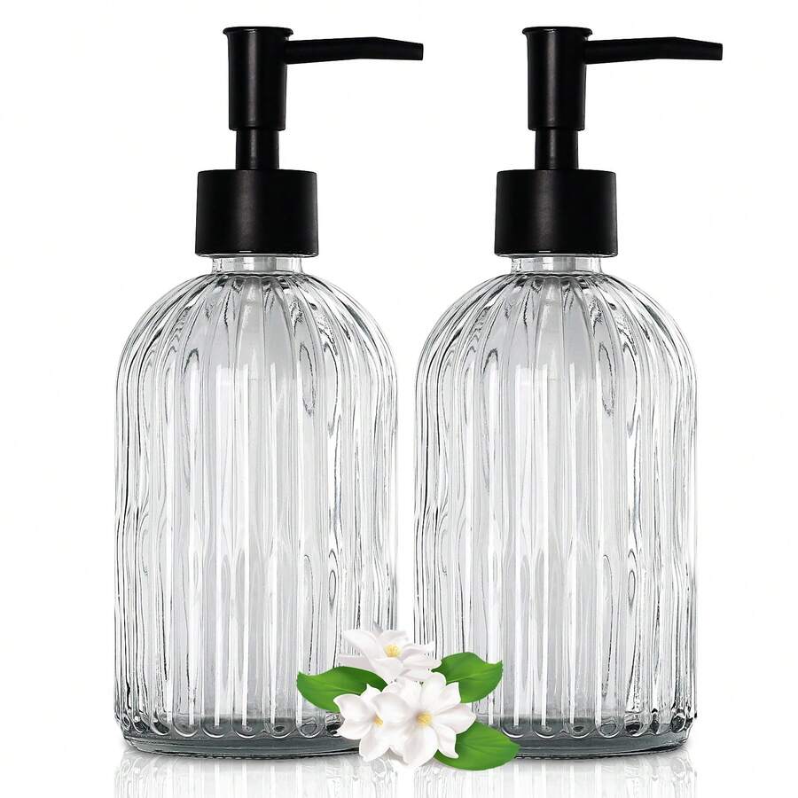 2 Pack Glass Soap Dispenser With Pump, 400ml/13.5oz Refillable Soap Dispensers With Vertical Stripe For Hand Wash & Dish Wash, Elegant Bathroom Soap Dispenser For Dishwashing Liquid, Lotion - 2件透明色 - 查看 1