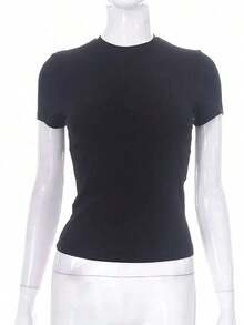 Women's Summer Casual T-Shirt With Round Neck And Solid Color Short SleevesBreathable And Comfortable - Black - View 3