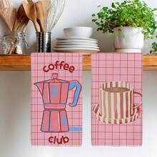 2pcs Kitchen Towels, Pink Plaid & Stripe Coffee Themed Print, 40*60cm Absorbent Microfiber Dish Cloths, Hand Towels, Kitchen Decor, Housewarming Gift, Suitable For Kitchen & Bathroom, Great For Homemakers & Family Gatherings, - Pink - View 8
