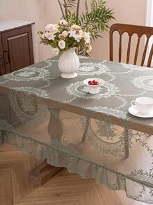 1pc French Elegant Floral Lace Trim Tablecloth, Countryside Fresh Decor - Green - View 9