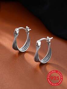 1pc S925 Sterling Silver Women's Vintage Distressed Braided Hoop Earrings, Hypoallergenic Design, Textured Silver Jewelry, Suitable For Daily Wear, Commuting And Holiday Gifts. Personalized Gift For Girlfriend Or Best Friend. Gift Box - Antique Silver - View 5