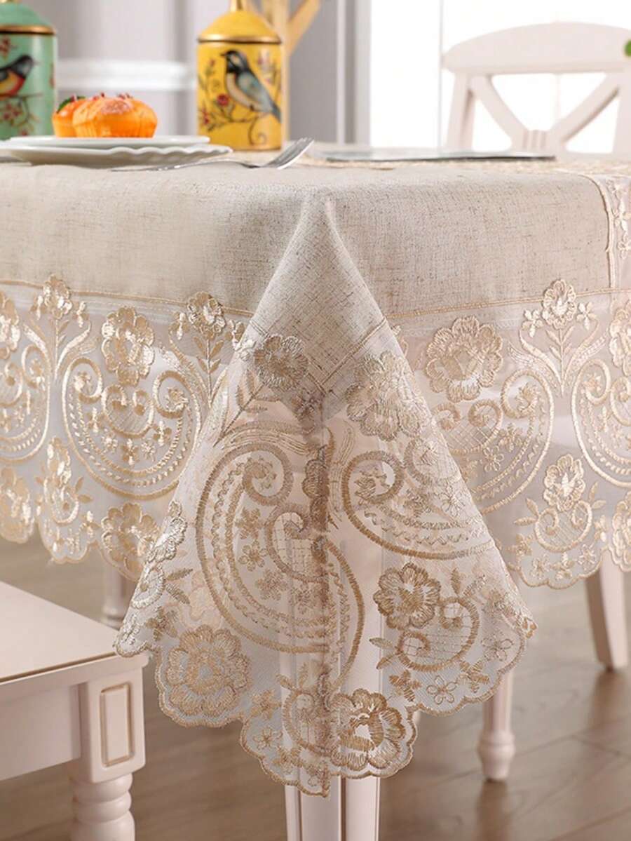 HXARTMIS 1pc French Vintage Lace Trimmed Tablecloth, Linen Texture Rectangular Table Cover, Embroidered Floral Lace Edging, Washable Dining Table Cloth, Suitable For Kitchen, Wedding, Party And Home Decor - Grey Hemp - View 1