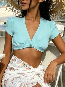 Women's Vacation V-Neck Puff Sleeve Cropped Top, Slim Fit Multiple Colors Spring Summer Wear, Perfect For Beach, Party, Daily Casual Outfit - 湖藍色 - 查看 9