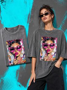 100% Pure Cotton Men's And Women's Universal Style Vintage Washed T-Shirt, Cartoon Girl Fun Red Lipstick Color, Urban Graffiti Portrait - 灰色 - 查看 2