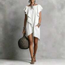 Women's Linen Blend Mini Dress, Boat Neck Ruffle Short Sleeve Asymmetrical Hem Shift Dress With Pockets, Casual Summer Outfit For Everyday & Vacation - 粉色 - 查看 9