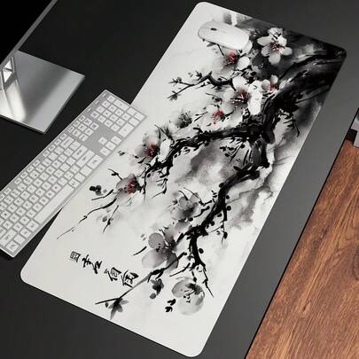Elegant Cherry Blossom Mouse Pad – Extended Desk Mat With Pink White Peach Blossoms On White Background – Large Non-Slip Surface For Home & Office Use