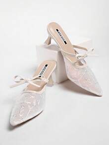 New Chinese Style White High Heel Mules, Pointed Toe Lace Embroidery Convertible Sandals For Women - White - View 6