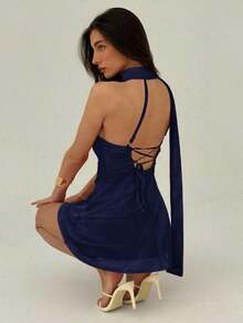Fashionable Sleeveless Solid Color Dress For Women - 海軍藍 - 查看 2
