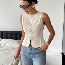 Fashion Women's Clothing  Camisas sin mangas de unicolor de tela texturizada con abotonadura, para verano - Azul - Ver 5