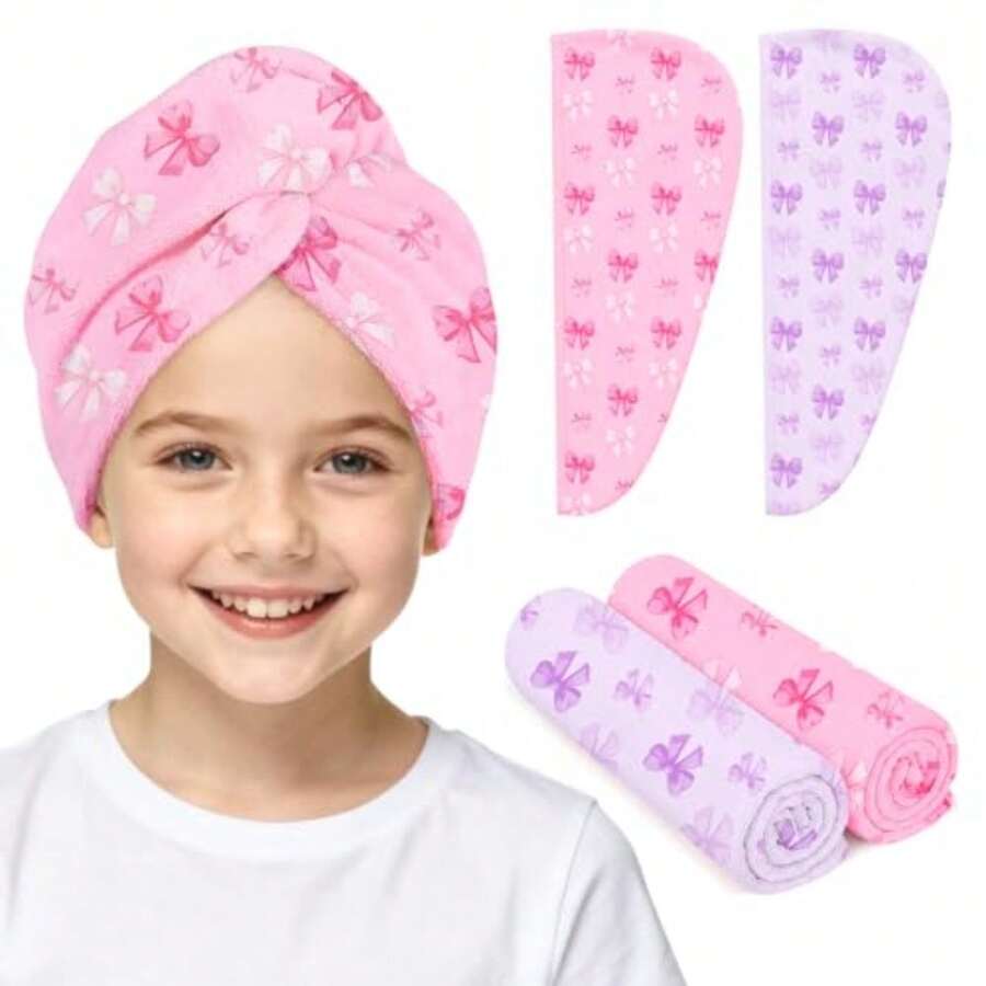 Microfiber Hair Towel Wrap For 2 Pack Quick Drying Hair Towels With Button Hair Turbans For Wet Hair Absorbent Quick Dry Wraps Head Towel Wrap For Women And Girls - Pink Purple Bow - View 1