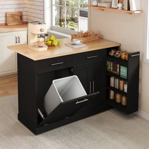 Kitchen Island On Casters With Fold-Down Worktop, Kitchen Trolley With Waste Bin, 4-Tier Spice Rack, 2 Drawers And Lockable Casters, 120 * 45 (70) * 93 Cm - Black - View 1