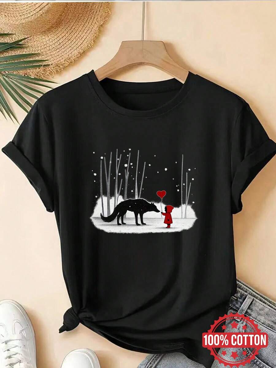 ChristmasAll Fashion Women's Short Sleeve T-Shirt With Little Red Riding Hood And The Wolf Design - Popular Item - 黑色 - 查看 1