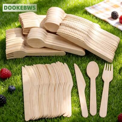 100/200pcs Disposable Wooden Cutlery Set, 14/16cm (5.5/6.3 Inch) Mini/Standard Size Available, Thicker And Smooth With No Burrs, Includes (50/100 Forks + 25/50 Knives + 25/50 Spoons), Suitable For Birthday Party, Wedding, Picnic, Outdoor Dining, Gathering And More Occasions