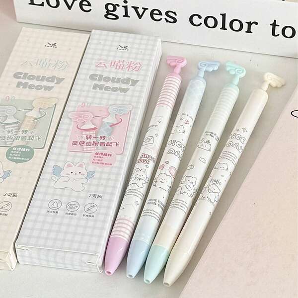 4pcs/2pcs/1pc Cloud Cat Gel Pen, Rotating Angel Wings Pen Cap, 0.5mm Black Ink, Cute Japanese Cartoon Retractable Pen, Student Aesthetic Stationery Supplies