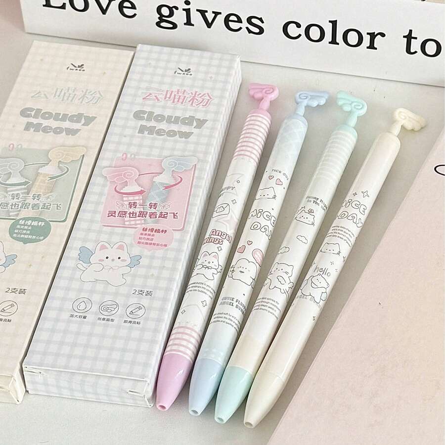 [Back To School]4Pcs/2Pcs/1pc Cloudy Meow Cat Gel Pens, Rotating Angel Wing Top, 0.5mm Black Ink, Cute Kawaii Cartoon Retractable Pens, Aesthetic School Supplies For Students - Cloud Cat Powder - View 1