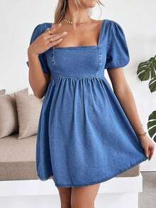 Vestido corto de maternidad de mezclilla azul con mangas de pétalo - Azul 2 - Ver 3