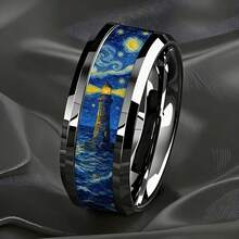 Personalized Artistic Style Ring, Black Tungsten Steel Band, Van Gogh Painting Replica, Men's Accessory - Silver - View 10