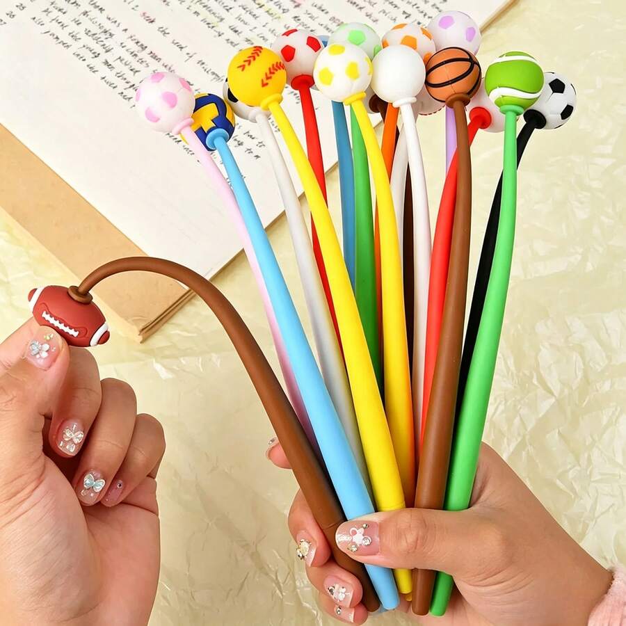 5支創意卡通搖搖筆(隨機顏色/款式),附可愛足球、籃球與美式足球設計,搖擺凝膠筆,理想學習文具與辦公用品,開學季適用 - A - 查看 1