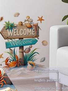 1pc 2D Flat Printed Welcome Sign With Crab, Seashell, Starfish, Seaweed, Wall Sticker, Creative DIY Self-Adhesive Removable Double-Sided Visible PVC Decal For Living Room, Bedroom, Door, Window, Glass Decoration - D - View 4
