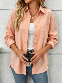 Women's Solid Color Pocket Front Button Casual Shirt - Orange Pink - View 2