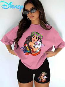 The Moana & Friends "Ocean Spirit" T-Shirt & Biker Shorts Set Is A Casual Women's T-Shirt And Yoga Pants Set, Perfect For Summer Travel And Relaxation At Home. It's A Disney-Licensed, Stylish, Soft, And Comfortable Sportswear Set. - Pink - View 1
