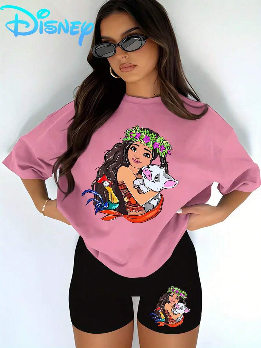 The Moana & Friends "Ocean Spirit" T-Shirt & Biker Shorts Set Is A Casual Women's T-Shirt And Yoga Pants Set, Perfect For Summer Travel And Relaxation At Home. It's A Disney-Licensed, Stylish, Soft, And Comfortable Sportswear Set. - Pink - View 1