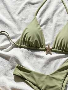 Swim Mod Conjunto de bikini de mujer con tirantes finos, unicolor y decoración metálica, sexy, para verano - Verde 3 - Ver 3
