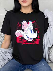 Disney Minnie Mouse Printed T-Shirt With Round Neck And Short Sleeve, Machine Washable Fabric, Suitable For Daily And Theme Activities-Disney Women's Fashion Dress, Party Dress, Young Design, Impervious Material. - Black - View 1