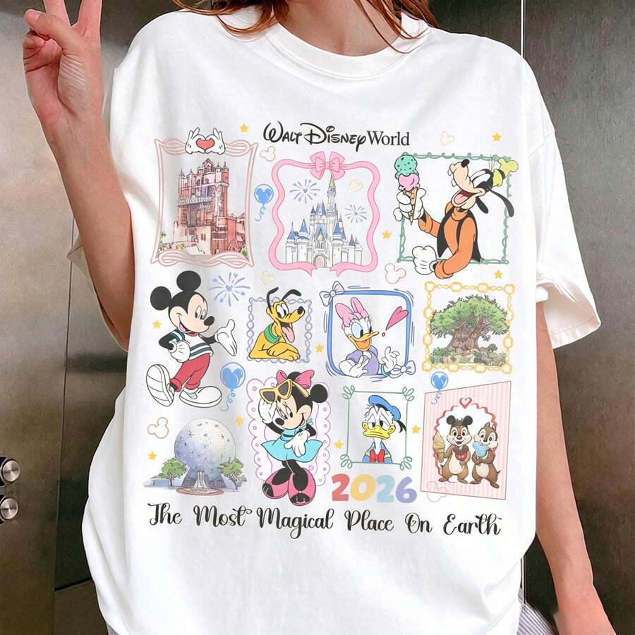 Disney Retro Mickey & Friends 2026 Vacation Oversized T-Shirt Unisex, 100% Cotton Vintage Short Sleeve Casual Top, Disney World Trip Graphic Print Tee - trắng - Xem 1
