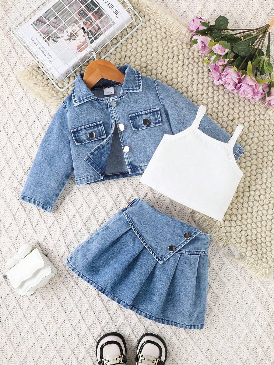 Set 3pcs/Set untuk Bayi Perempuan Gaya Kampus: Jaket, Kamisol, dan Rok Lipit, Musim Gugur/Dingin - Biru - View 1