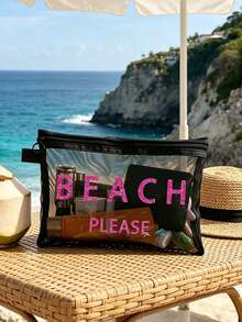 Borsa da spiaggia in rete con la scritta "Beach_please", pochette cosmetica portatile per rossetti e cuscinetti, borsa da toilette con design costiero, organizer da viaggio per il trucco trasparente e spaziosa, borsa da spiaggia in stile hawaiano perfetta per le vacanze al mare, borsa della spesa portatile, ideale per vacanze, fitness, regali per la festa della mamma, San Valentino, insegnanti e donne in viaggio, brevi viaggi e necessità di viaggio - Multicolore - Visualizzare 2